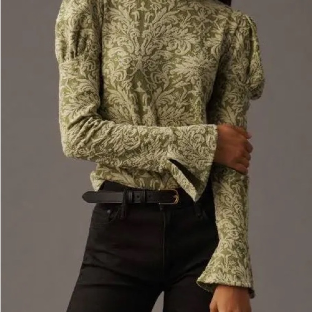 Anthropologie Green Velvet Long Sleeve Fitted Blouse